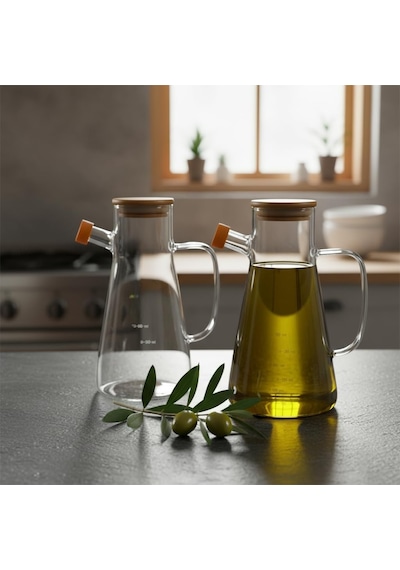 Deconox 1 Adet 900 Ml Bambu Kapaklı Borosilikat Cam Yağlık Ve Sirkelik, Isıya Dayanıklı Ve Ölçekli Tasarım, Dam Diğer