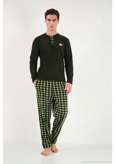 Buratti Kareli Düğmeli Hakim Yaka Yumuşak Dokulu Polar Pijama Takımı Erkek Pijama Takımı 6097023 Koyu Haki