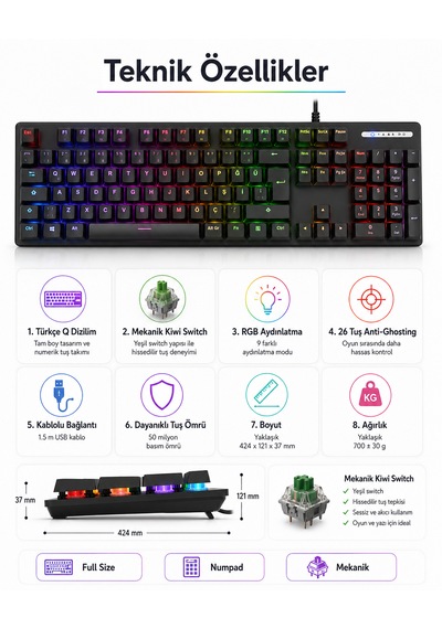 Türkçe Q Mekanik Gaming Klavye Kl-138 Rgb Aydınlatmalı Numpadli Kablolu Oyuncu Klavyesi
