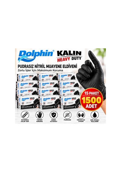 Ekstra Kalın Pudrasız Extra Kalın Siyah Nitril Muayene Temizlik Eldiveni Tek Kullanımlık L Beden 15 Paket