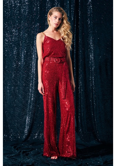 Sateen Kemerli Payet Pantolon - Kırmızı