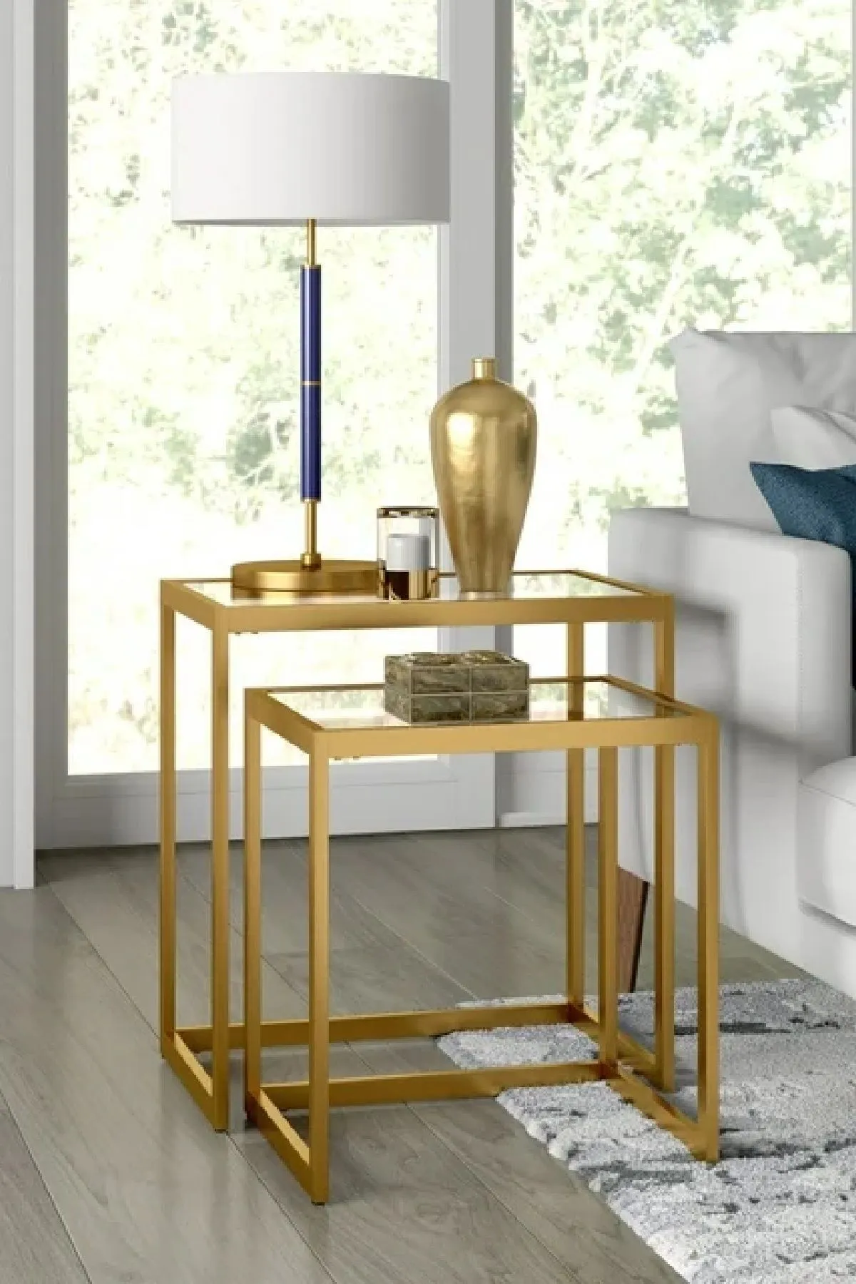 Modern Metal İskeletli Temper Camlı Zigon Sehpa Yan Sehpa Gold-şeffaf