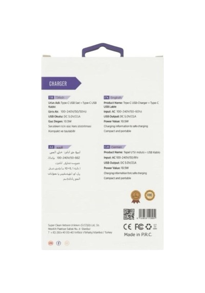 Type-c 10.5w 2.1a Şarj Aleti - Beyaz- Tek Ebat