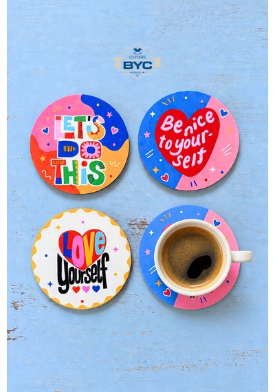 Love Yourself Pop Art 4 Lü Bardak Altlığı Seti, 9 Cm, 3 Mm Mdf, Uv Baskı Çok Renkli