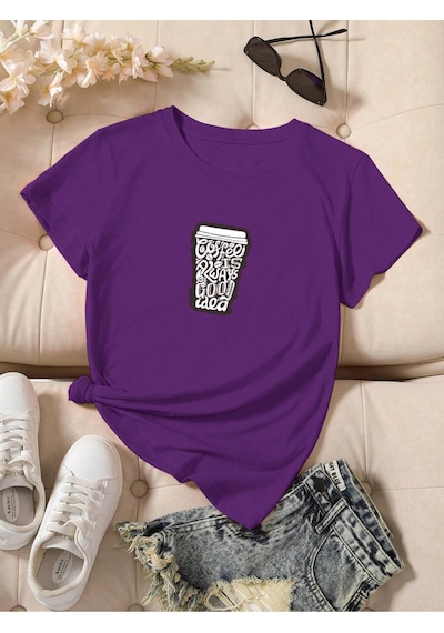 Uyguntarz Unisex Kahve Severlere Özel Tasarım Basklı Tshirt Mor