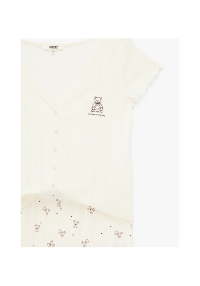 Koton Ayıcık Baskılı Pamuklu Rahat Kalıp V Yaka Kısa Kollu Pijama Takımı Ekru 7wlk40214mk