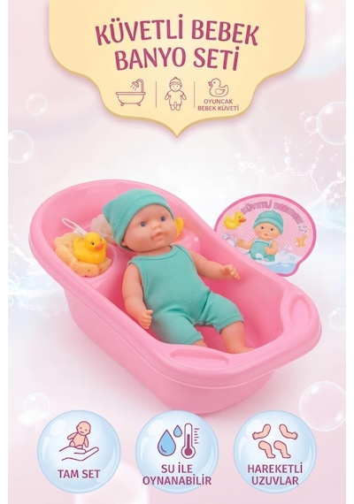 Küvetli Bebek Banyo Seti 25 Cm Oyuncak Bebek Ve Küvet Aksesuarlı Tam Set Yeşil