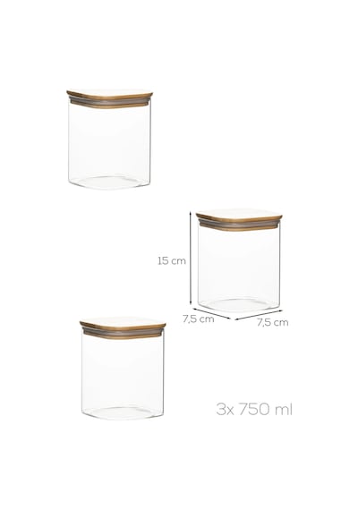 Porsima 5-3 Bambu Vakumlu Kapaklı Kare Borsilikat Cam 3lü Kavanoz Seti Saklama Kabı 750ml 7,5x15cm Ahşap - Şeffaf