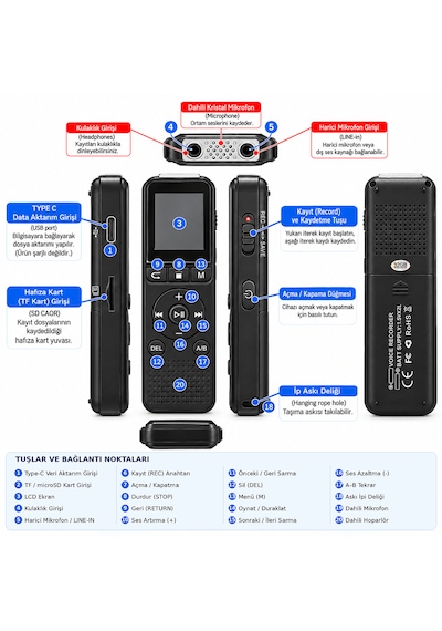 Ultratekno Kb65 32gb Pilli Dijital Ses Kayıt Cihazı, Ekranlı Wav Kaydedici, Ses Algılamalı Kayıt, Mp3 Çalar