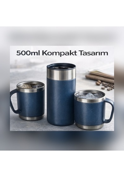 500ml Vakumlu Termos Seti 2 Kaplı 12 Saat Sıcak/soğuk Taşınabilir Bardaklı Termos Set Mavi