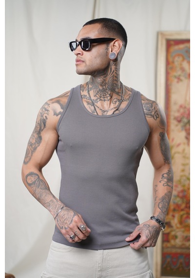 Slim Fit Kaşkorseli Esnek Düz Erkek Sporcu Atlet Füme