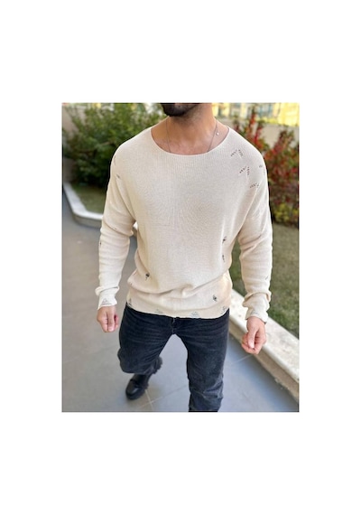 Elku Moda Kazak Naturel Örme Pamuk Bisiklet Yaka Tüylenmeyen Yırtık Detaylı Lazer Kesim Triko Kazak Açık Bej Elku Moda Kazak Naturel Örme Pamuk Bisiklet Yaka Tüylenmeyen Yırtık Detaylı Lazer Kesim Triko Kazak Açık Bej