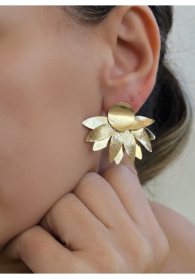 Kat Kat Yaprak Çiçek Güneş Model Gold Renk Küpe 5 4cm Altın