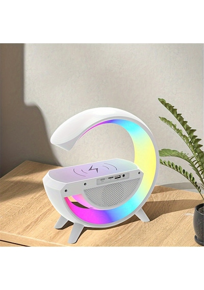 Teltree Bluetooth Hoparlörlü 15w Kablosuz Şarjlı Led Masa Lambası - Renkli Ortam Işığı Ve Alarmlı Saat Beyaz