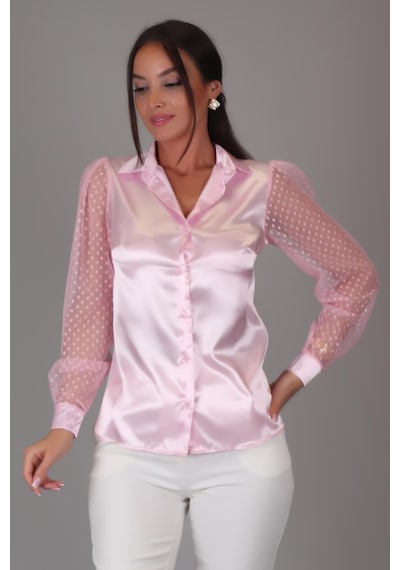 Sweetness Kadın Pembe Saten Tül Kollu Abiye Gömlek Pembe