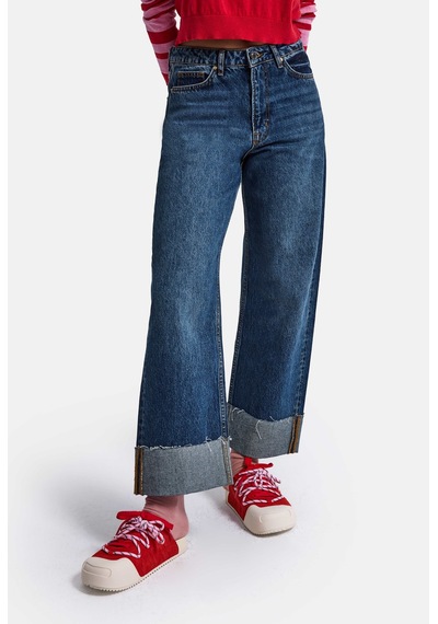 Kadın Koyu Mavi 2w6-5 Relaxed Fit Paça Detaylı Denim Jean
