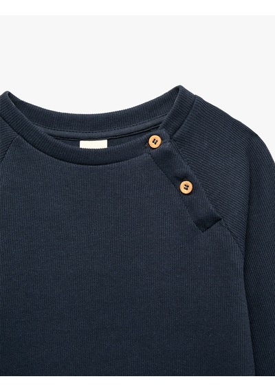 Koton Düğmeli Uzun Kollu Bisiklet Yaka Pamuklu Sweatshirt Lacivert 7wmb10016tk