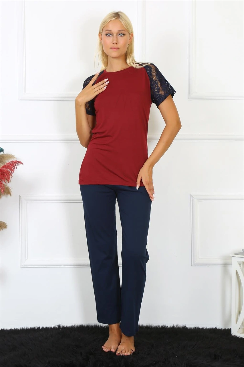 Akbeniz Kadın Kolu Dantelli Penye Pijama Takım 4149 Bordo