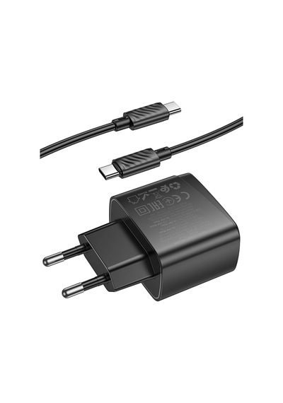 Hoco. Cs61a Bright 30w 1 Adet Type-c Ve 1 Adet Usb 3.0 Qc Çıkışlı Ekstra Type-c To Type-c Kablolu Pd Hızlı Şarj Aleti - Siyah