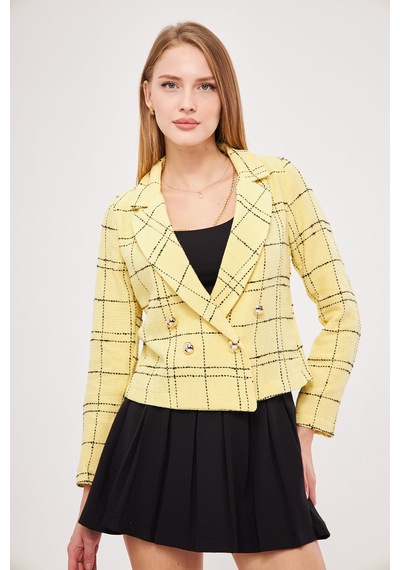 Armonika Kadın Sarı-siyah Kruvaze Yaka Tüvit Crop Ceket Arm-24k001014