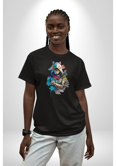 Kedi Assassin's Creed Pamuklu Bisiklet Yaka Unisex Oversize Boyfriend Dijital Baskılı Siyah T-shirt Siyah