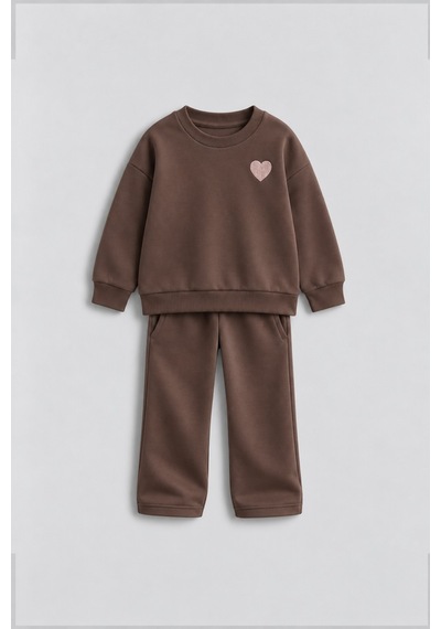 Zuzunga Kalp Nakış 3 İplik Fırçalı Kumaş Sweatshirt Eşofman Alt Üst Takım Kahverengi