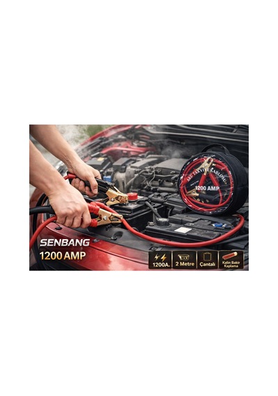 Senbang 1200a Akü Takviye Kablosu 2 Metre Çantalı, Kalın Bakır Kıskaçlı, Araç Marş Kablosu Jumper Cable