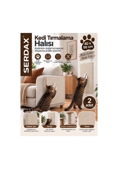 Kedi Tırmalama Halısı Kendinden Yapışkanlı Koltuk Duvar Mobilya Koruma Matı 20 X 50 Cm- Krem Krem