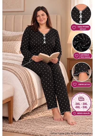 Seboteks Mevsimlik İnce Kumaş Kalp Desenli Uzun Kollu Büyük Beden Kadın Pijama Takımı 3177 Siyah Seboteks Mevsimlik İnce Kumaş Kalp Desenli Uzun Kollu Büyük Beden Kadın Pijama Takımı 3177 Siyah