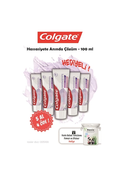 Colgate Hassasiyete Anında Çözüm Diş Macunu 5 x 100 ML + Rosie Pamuk