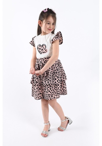 Aden Kids Kız Çcouk Leopar Desenli Alt Üst Etekli Takım Çok Renkli