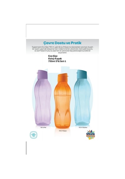 Eco Şişe Suluk 750 Ml 3 Lü Set Lila Turuncu Mavi