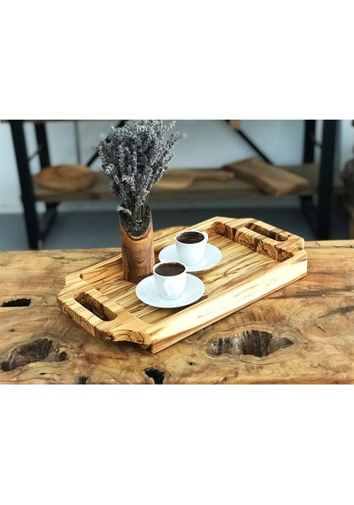Zethome Zeytin Ağacı Ahşap Kulplu Çay Tepsisi