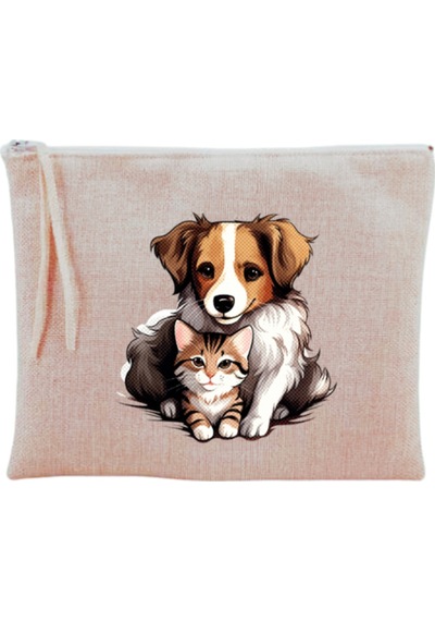 Sarılan Kedi Köpek Baskılı Makyaj Çantası