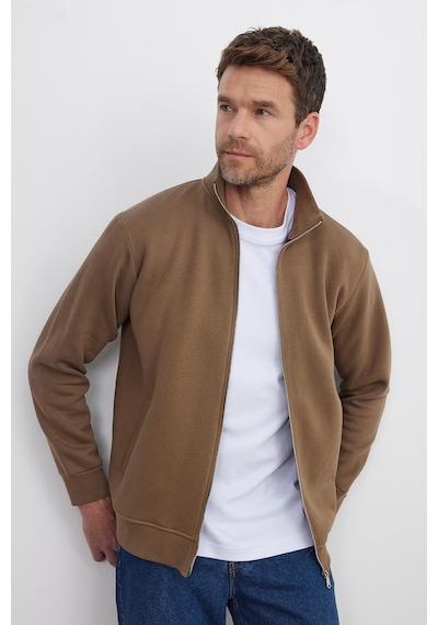 Tudors Unisex Relax Fit Rahat Kesim Pamuklu 3 İplik İçi Polarlı Fermuarlı Kahverengi Cepli Sweatshirt Hırka-41677 Kahverengi