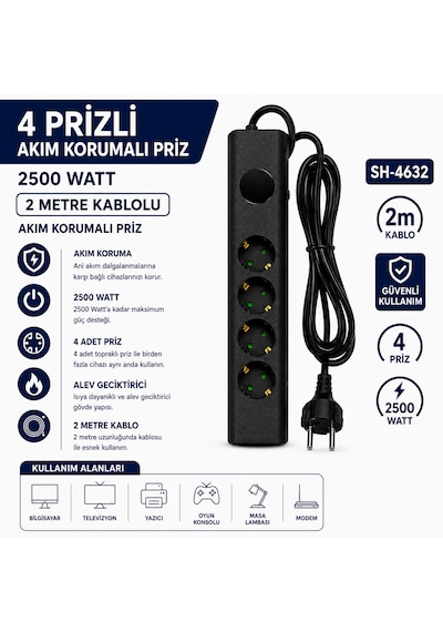 Sh-4632 4 Lü Akım Korumalı Priz 2500w 2 Metre Kablolu Anahtarlı Topraklı Çoklu Grup Priz Uzatma Kablosu 2 M