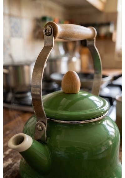 Vintage Ahşap Saplı Emaye Demlik Kettle 2,5lt Yeşil 2406-c