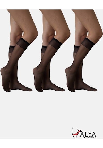 Alya Underwear Kadın Parlak Diz Altı Çorap 15 Denye, İnce Fit - 3'lü Paket Siyah 50 3'lü