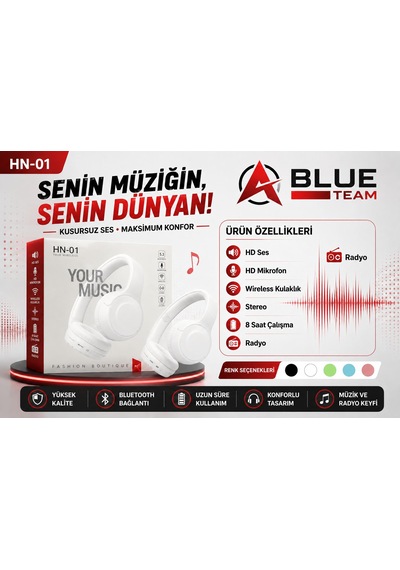 Hn01 Beyaz Kafa Üstü Bluetooth Kulaklık