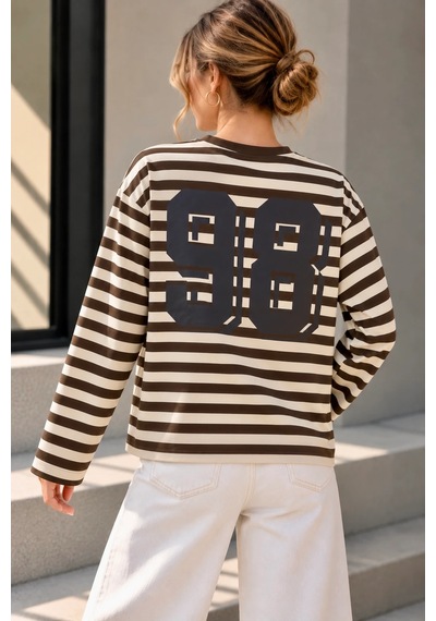 Bbbutikbasic Wild Baskılı Çizgili Uzun Kollu Kadın Sweatshirt My3535 Kahverengi