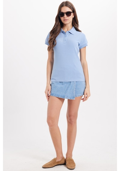 Tudors Kadın Slim Fit Dar Kesim %100 Pamuk Polo Yaka Mavipike Tişört -50837 Mavi