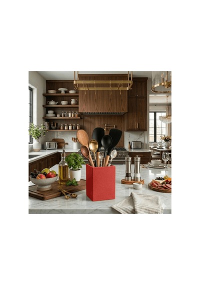 Lüks Kırmızı Mutfak Tezgah Üstü Kaşıklık & Düzenleyici Modern Kare Kepçelik Organizer Kırmızı