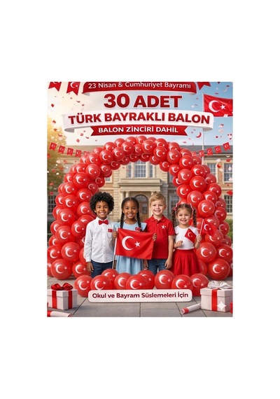 23 Nisan Süsleme Si 30 Adet Ay Yıldızlı Türk Bayraklı Balon Seti Balon Zinciri Hediyeli Kırmızı Kırmızı