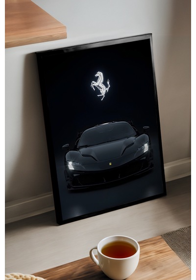 Ferrari Sf90 Siyah Ahşap Çerçeveli Poster, Dekoratif Araba Duvar Tablosu