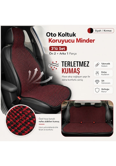 Oto Koltuk Koruyucu Minder 3 Lü Set Terletmez Kumaş Ön 2 Arka 1 Parça Siyah - Kırmızı
