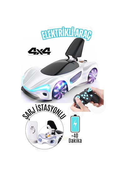 Oyuncak Uzaktan Kumandalı Şarjlı Elektrikli Araba 4x4 Şarj İstasyonlu Led Işıklı Sesli Müzikli Rc Beyaz