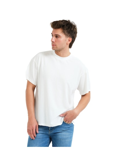 Justever 100% Pamuk Oversize Fit Bisiklet Yaka Ekru Erkek T-shirt - Alpha Ekru