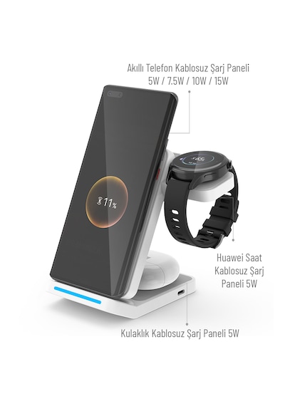 Woyax Wireless Kablosuz Şarj Standı Katlanabilir Huawei Watch Apple Uyumlu iPhone Android Telefon Saat Kulaklık Uyumlu 3in1 Beyaz