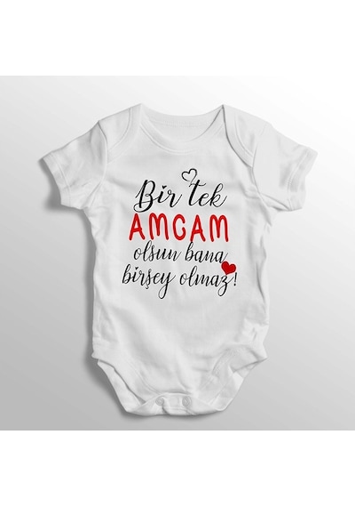 Tuğba Baby Tuğbababy Bir Tek Amcam Olsun Bana Birşey Olmaz Yazılı Baskılı Bebek Zıbını Beyaz