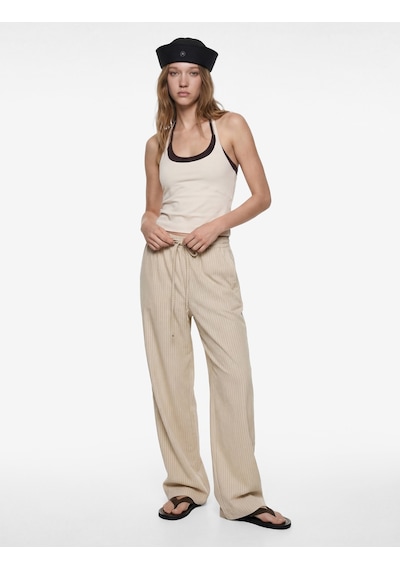 Koton Viskon Karışımlı Beli Bağcıklı Geniş Paça Pantolon Kahverengi Çizgili 6sal40004ıw Koton Viskon Karışımlı Beli Bağcıklı Geniş Paça Pantolon Kahverengi Çizgili 6sal40004ıw